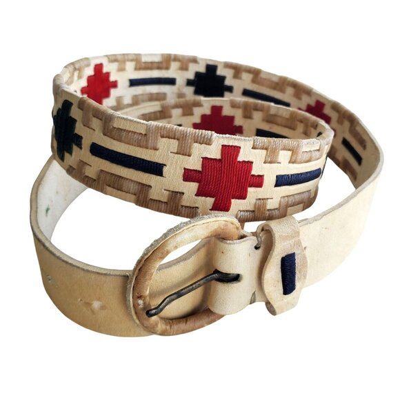 Vintage Handmade Rustic Cowhide Belt Mens Medium Wax Thread Embroidery - Picture 2 of 9